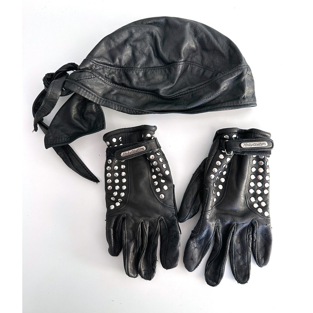 Harley Davidson Gloves L & Skull Cap Set Womens Black Studded Leather Motorcycle
